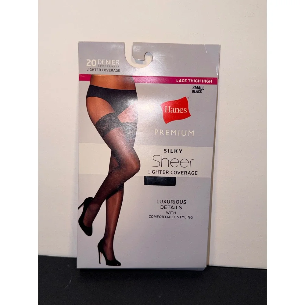 Hanes Premium Silky Sheer Lace Thigh High Stockings Black Small 20 Denier FEQ323